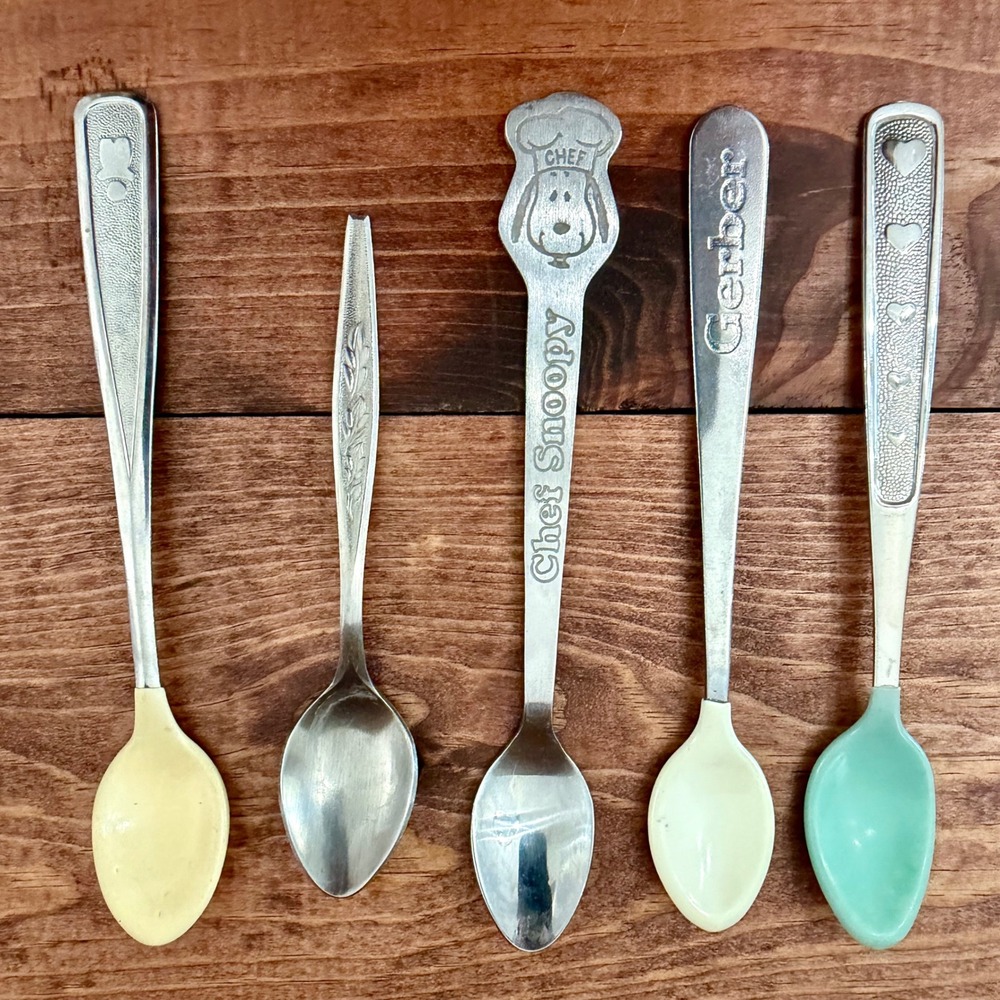 Vintage Baby Spoon Lot Gerber Chef Snoopy Danara Munchkin Stainless Steel 5pc